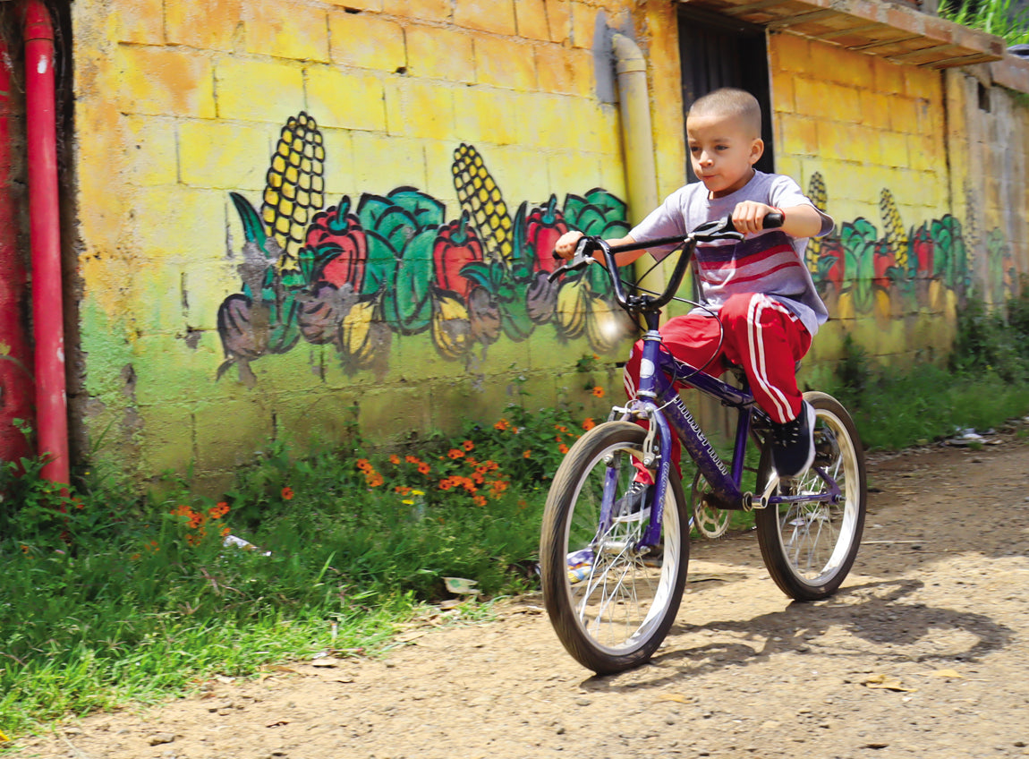 Un jeune garçon fait du vélo dans une allée, une peinture murale représentant des légumes se trouvant derrière lui.